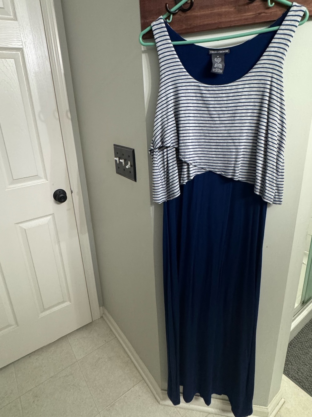 Chelsea & Theodore Navy Blue Maxi Dress with White Striped Overlay